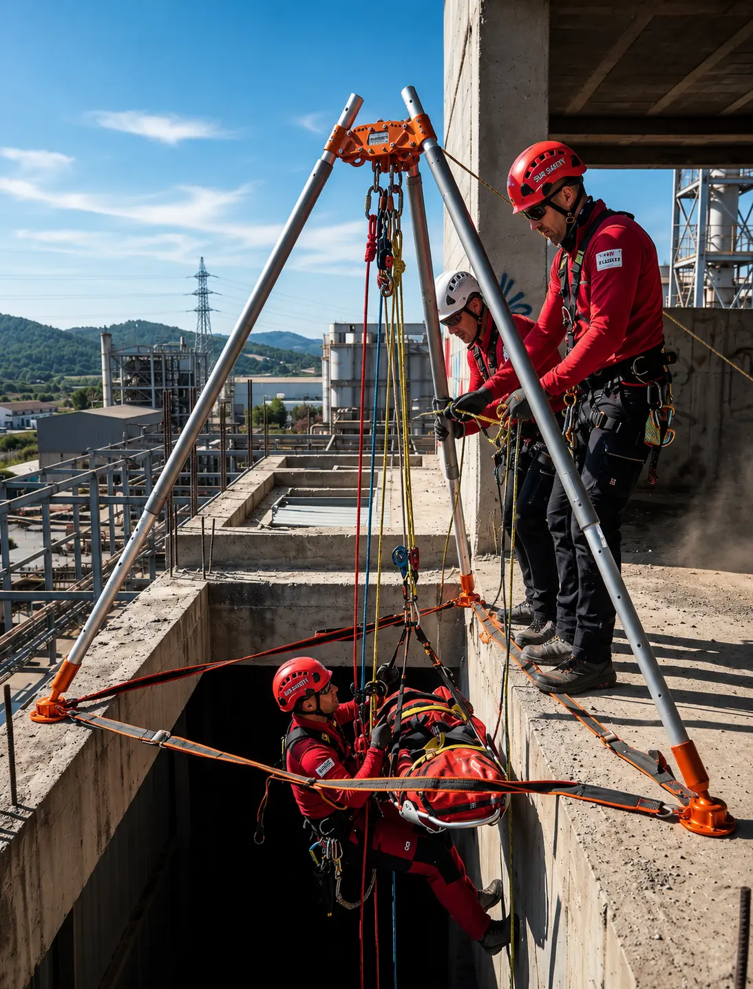 Equipo técnico operando un sistema portátil de anclaje sobre una abertura en estructura de concreto