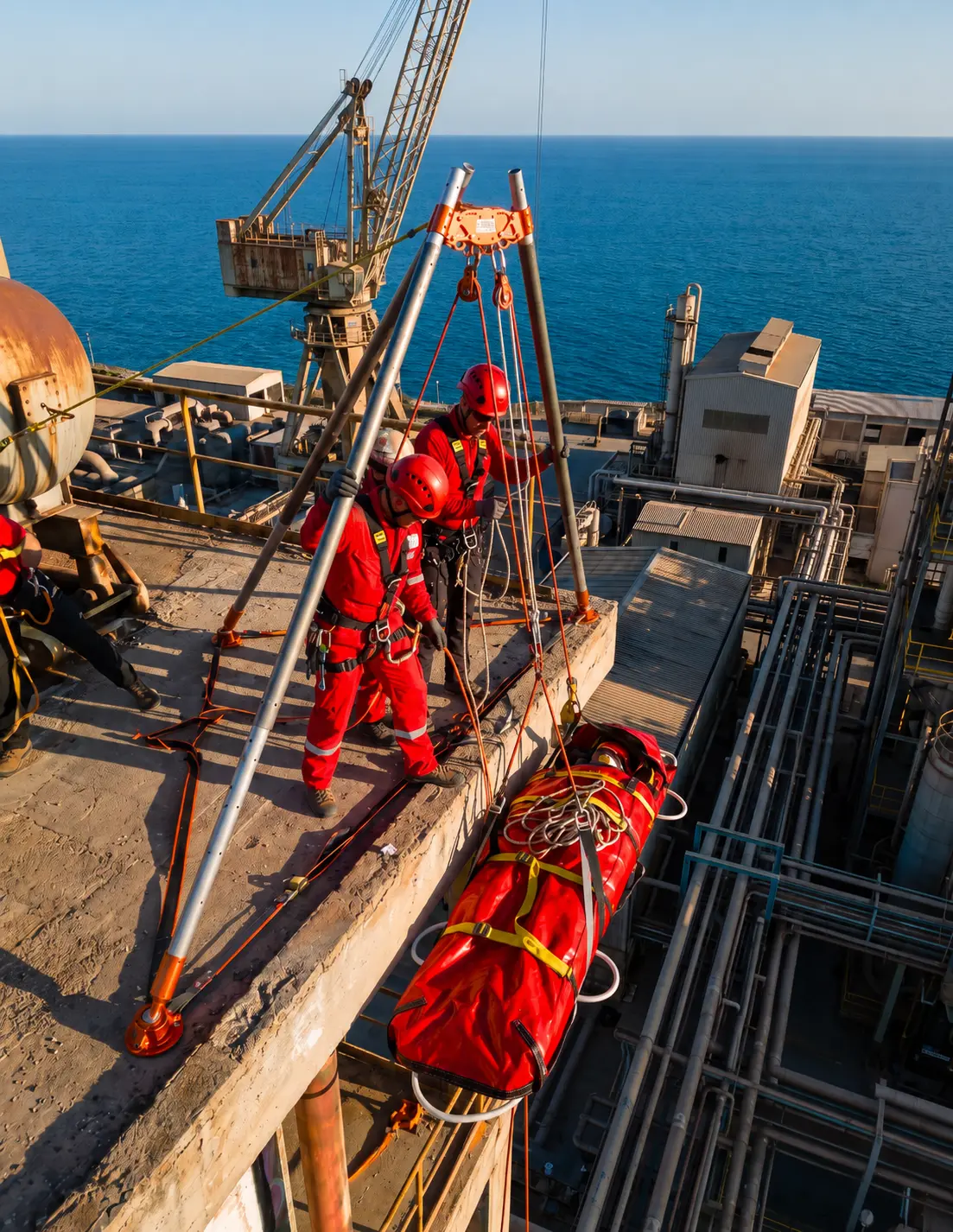 Operación de rescate técnico con sistema portátil de anclaje en planta industrial